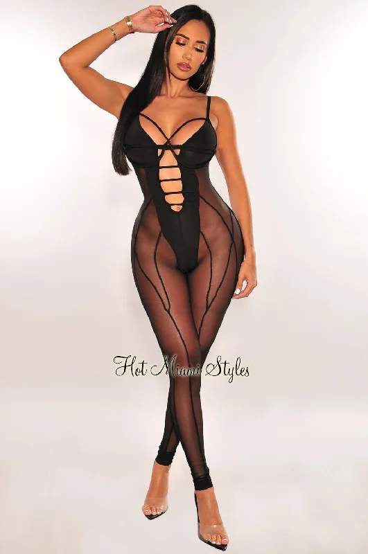 women's jumpsuits made of laceBlack Mesh Spaghetti Strap Underwire Strappy Jumpsuit