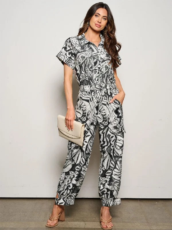 women's jumpsuits for minimalist fashionWOMEN'S SHORT PUFF SLEEVE BUTTON UP POCKETS MULTI PRINT JUMPSUIT