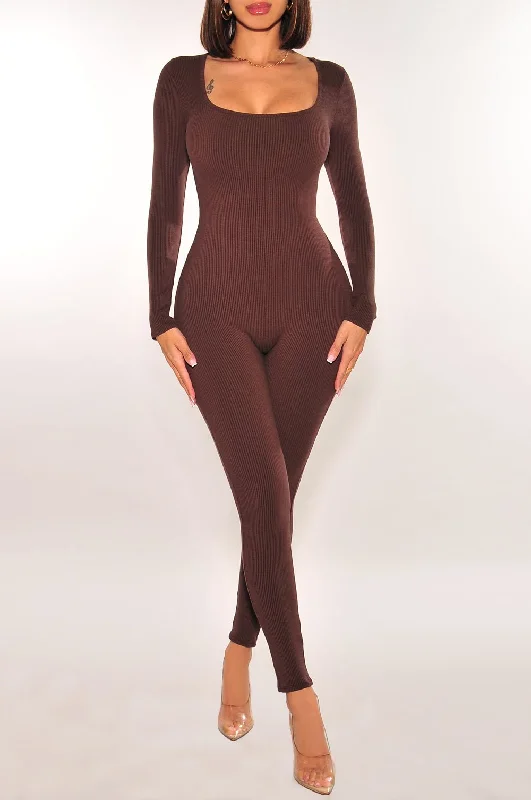 women's jumpsuits for effortless eleganceChocolate Ribbed Long Sleeve Rounded Square Neck Jumpsuit