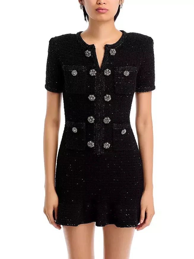 elegant and sophisticated Mimi dresses for a night out on the town.Decorative-Button-Embellished Black Tweed Mini Dress