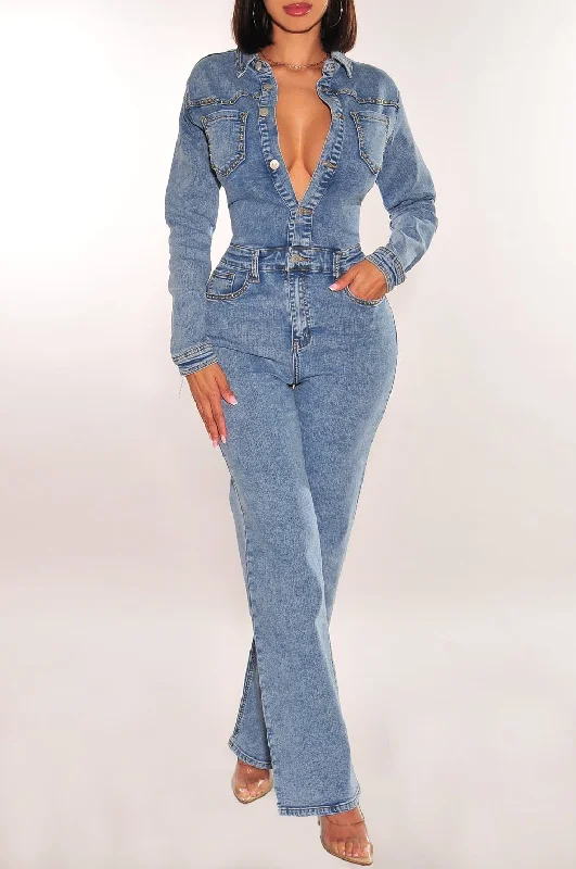 women's jumpsuits for cozy daysDenim Long Sleeve Collared Button Up Jumpsuit