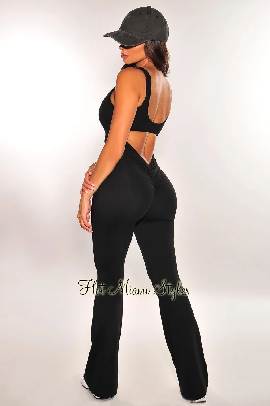 women's jumpsuits for sustainable fashionHMS Fit: Black Padded Open Back Ruched Butt Flared Jumpsuit