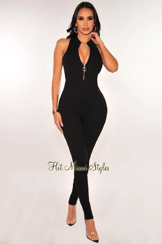 women's chic jumpsuitsBlack Sleeveless Ribbed Zipper Cut Out Back Jumpsuit