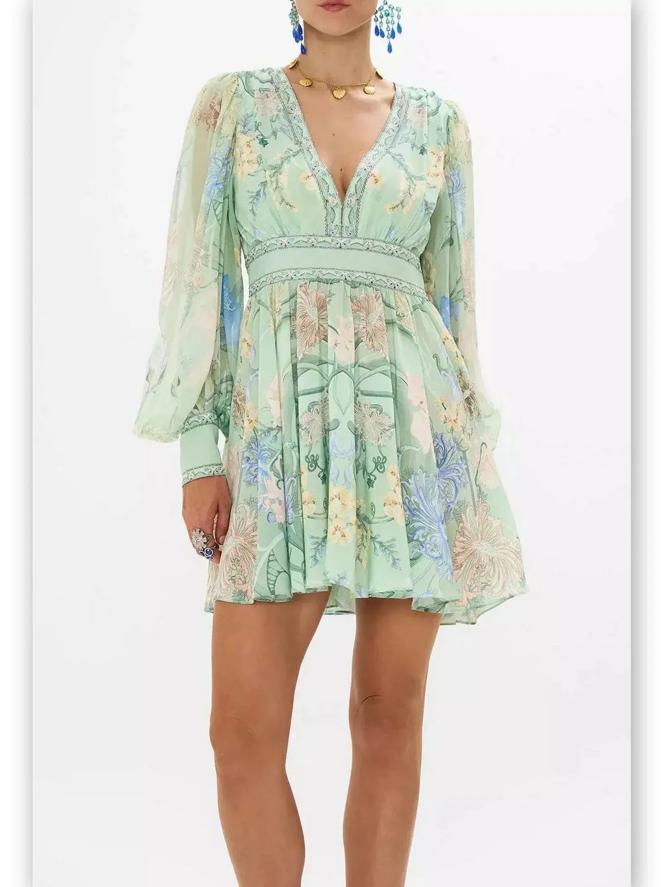 designer-inspired Mimi dresses for luxury on a budgetBlouson-Sleeve Printed Plunged V-Neck Silk Mini Dress in Mint