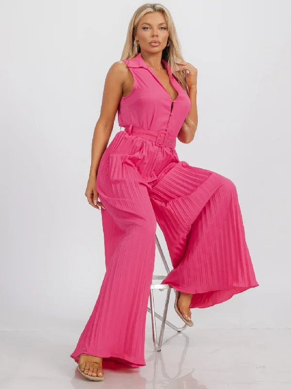 women's jumpsuits with checkered designsWOMEN'S SLEEVELESS BUTTON UP BELTED WIDE LEG PLEATED JUMPSUIT