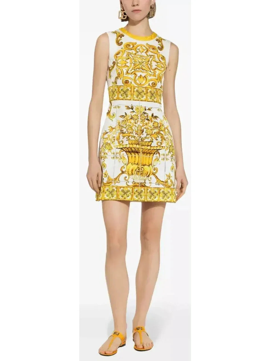 cheap but chic Mimi dresses for fashion-forward looksMajolica Printed Jacquard Mini Dress in Yellow and White