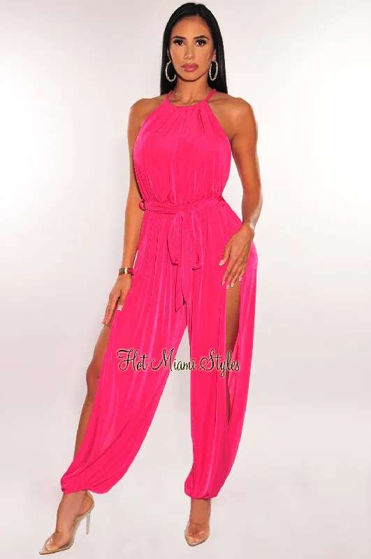 women's jumpsuits for tall womenHot Pink Shimmery Slit Hem Belted Harem Jumpsuit