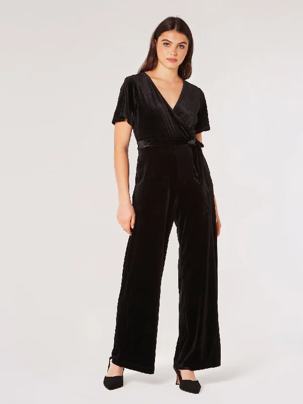 women's jumpsuits with cinched waistsAngel Sleeve Velvet Wrap Jumpsuit