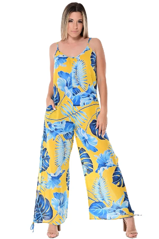 women's jumpsuits made of denimWide Leg Spaghetti Strap Jumpsuit with Side Slits in Tropical Prints