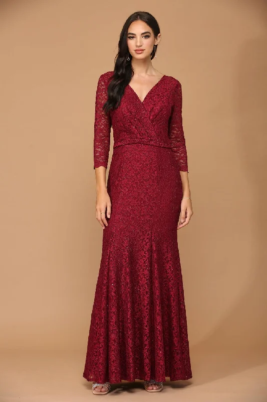 wedding dress without trainBurgundy L Long 3/4 Sleeve Mother of the Bride Lace Dress Sale