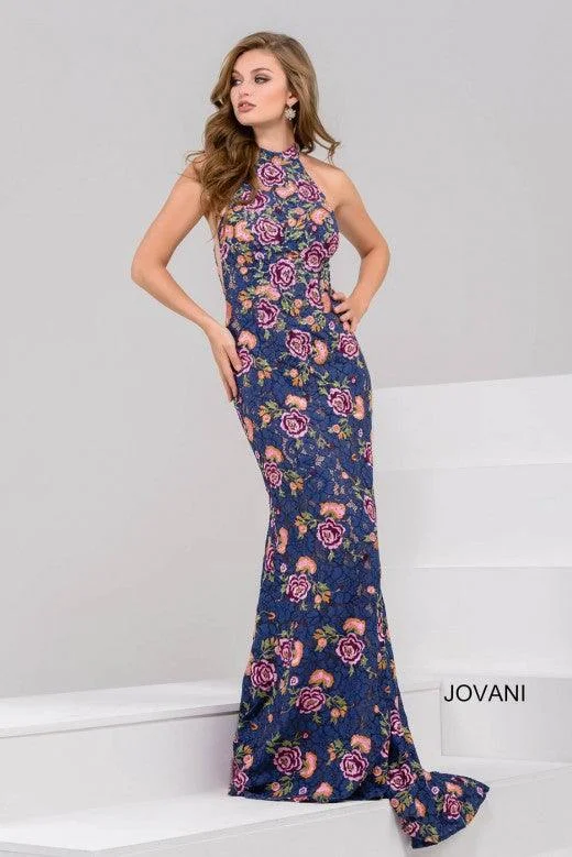 striped maxi dressesJovani 50655 Long Formal Floral Print Halter Dress