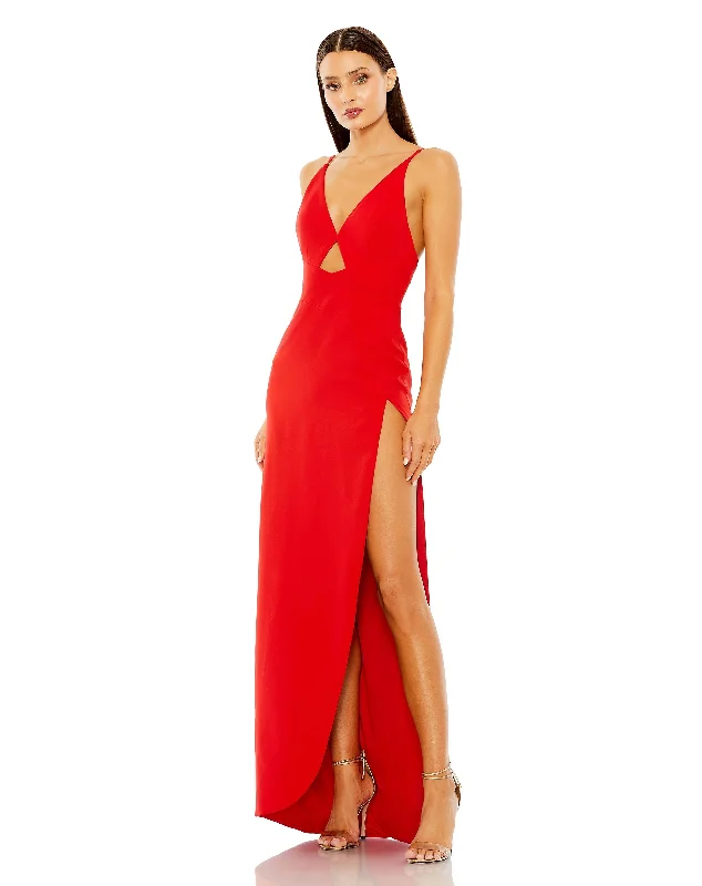 maxi dresses for date nightsMac Duggal 27434 Long Thin Strap Cutout High Slit V Neck Dress