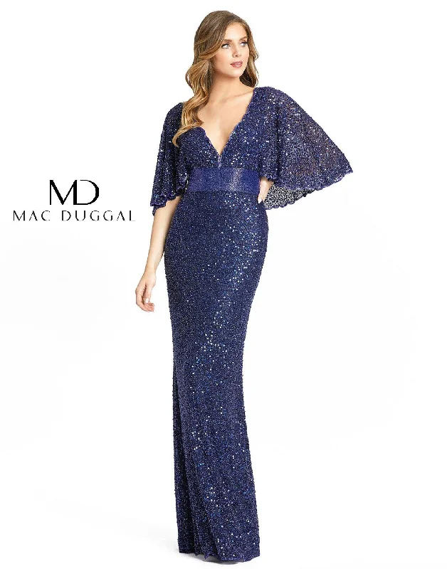 maxi dresses with lace-up detailsMac Duggal 4808 Long Formal Cape Sleeve Sequined Dress