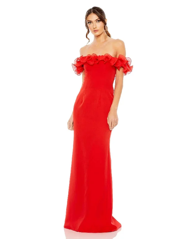 maxi dresses for maternity wearMac Duggal 49643 Long Off Shoulder Ruffle Detail Column Dress