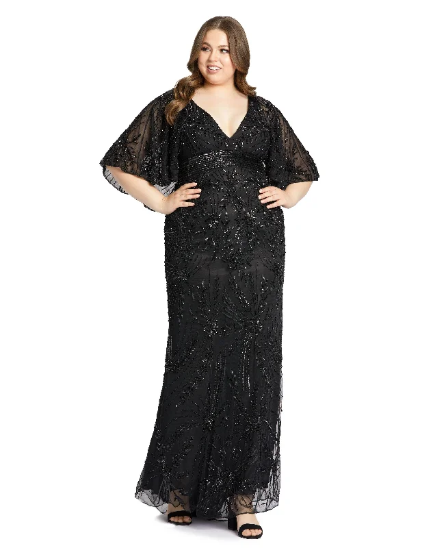 maxi dresses for boat ridesMac Duggal 5335 Fabulouss Plus Size Long Cape Sleeve Dress