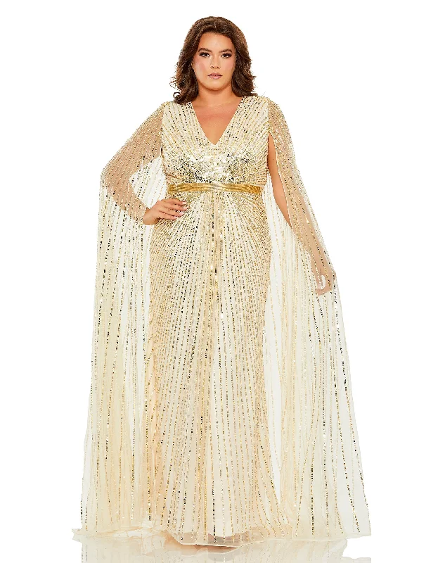 maxi dresses for girlsMac Duggal 5804 Long Plus Size Sequined V Neck Cape Sleeve Dress