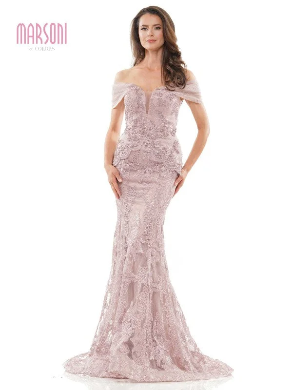 maxi dresses with A-line silhouettesMarsoni MV1256 Long Off Shoulder Formal Lace Dress