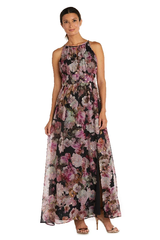 satin maxi dressesR&M Richards 9072 Long Halter Floral Print Dress