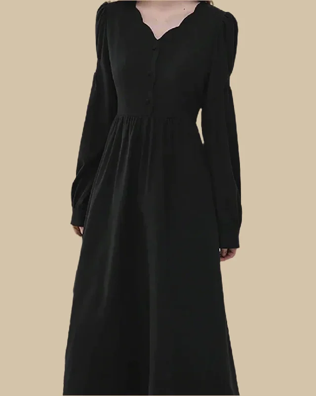 Fitted Long Sleeves High-Low DressAmara Recycled Corduroy Long Sleeve Dress with Scallop Neckline