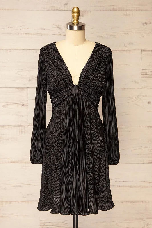 Flirty Long Sleeves Cold-Shoulder DressBromsgrove | Short Black Pleated Dress w/ Long Sleeves