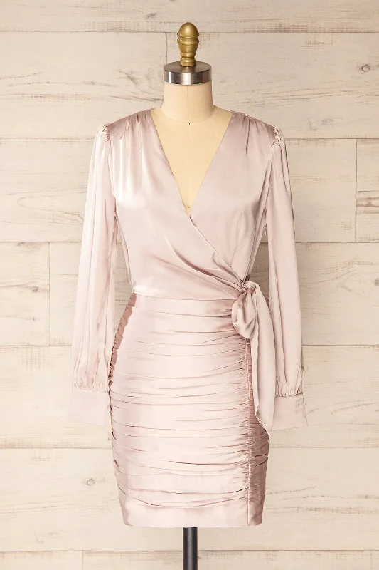 Flattering Long Sleeves DressCalais | Short Champagne Satin Dress w/ Long Sleeves