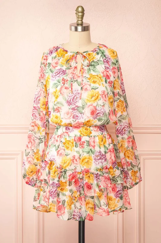 Fabulous Long Sleeves Babydoll DressEcha | Colourful Short Floral Dress w/ Long Sleeves