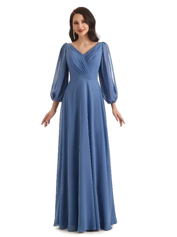 Fun Long Sleeves DressElegant A-line Chiffon Long Sleeves V-neck Mother of The Groom Dresses