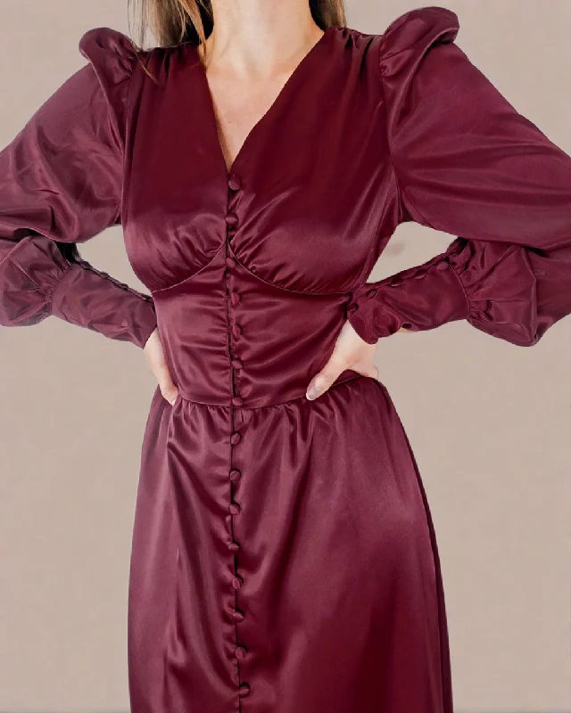 Flowing Long Sleeves Ruffle DressKelsey Burgundy Red Satin Long Sleeve Dress with Bishop Sleeves