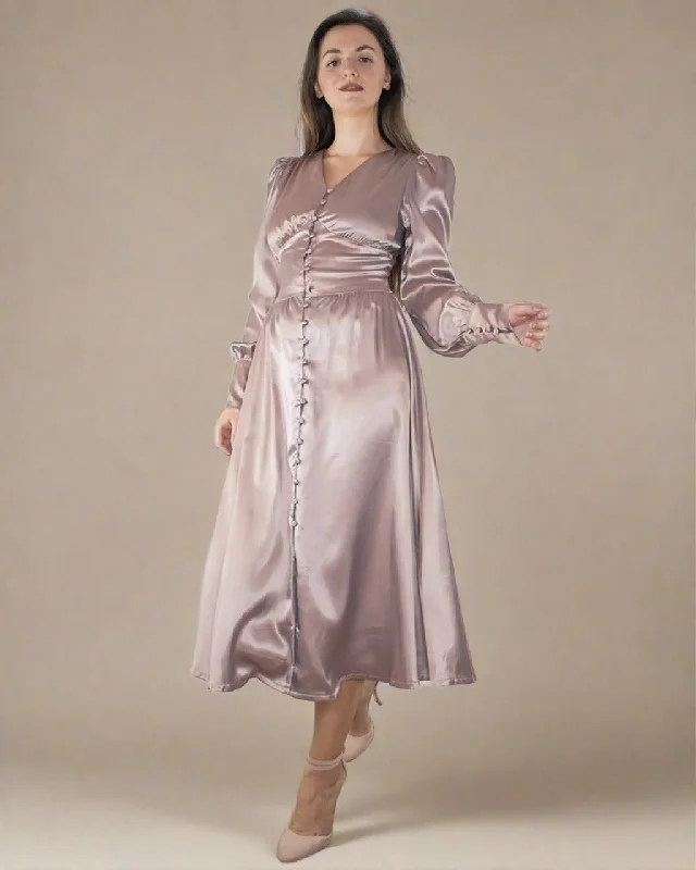 Fancy Long Sleeves Satin Slip DressKelsey Mocha Brown Satin Corset Dress - Button Up Long Sleeve Satin Dress