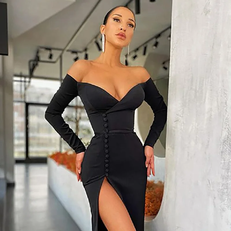 Flexible Long Sleeves DressBerriesJam - Long Sleeve Off Shoulder Bandage Dress