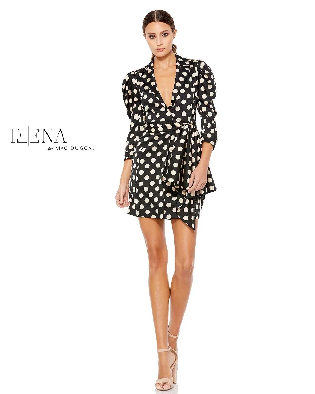 Flexible Long Sleeves Tunic DressMac Duggal 26499 Short Polka Dot Long Sleeve Dress