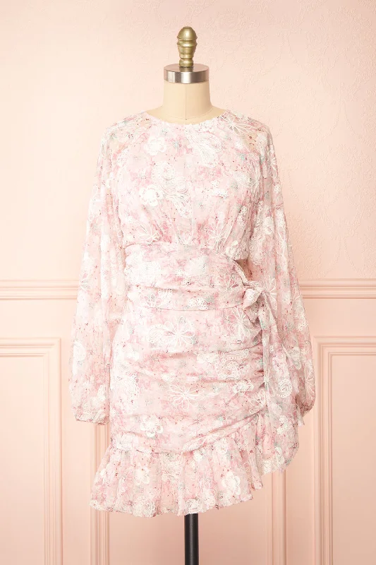 Flowy Long Sleeves DressShaune | Short Pink Floral Dress w/ Long Sleeves