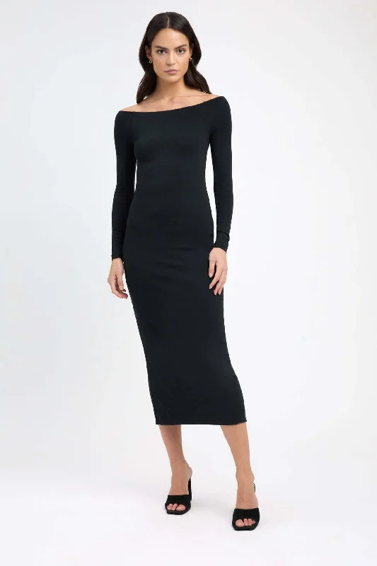 Full Length Long Sleeves DressBerriesJam - 2024 Solid Sexy Slim Long Sleeve Off Shoulder Dress