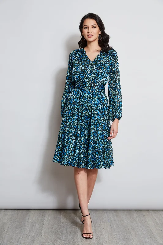 Flowery Silk Long Sleeves DressFloral Long Sleeve Belted Dress