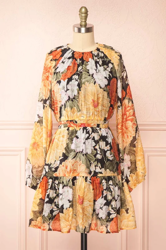 Flowery Long Sleeves Smock DressZelaraine | Short Floral Dress w/ Long Sleeves