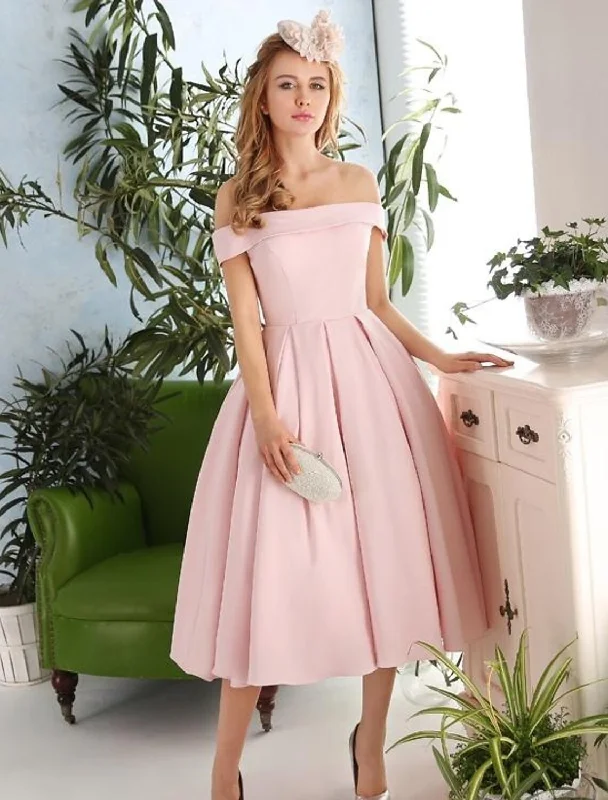 Sleeveless Dress Mother Of The BrideA-Line Cocktail Dresses Vintage Dress Engagement Tea Length Sleeveless Off Shoulder Stretch Fabric with Pleats