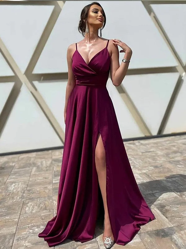 Sleeveless Dress With Halter NeckA-Line/Princess Elastic Woven Satin Ruffles V-neck Sleeveless Sweep/Brush Train Dresses