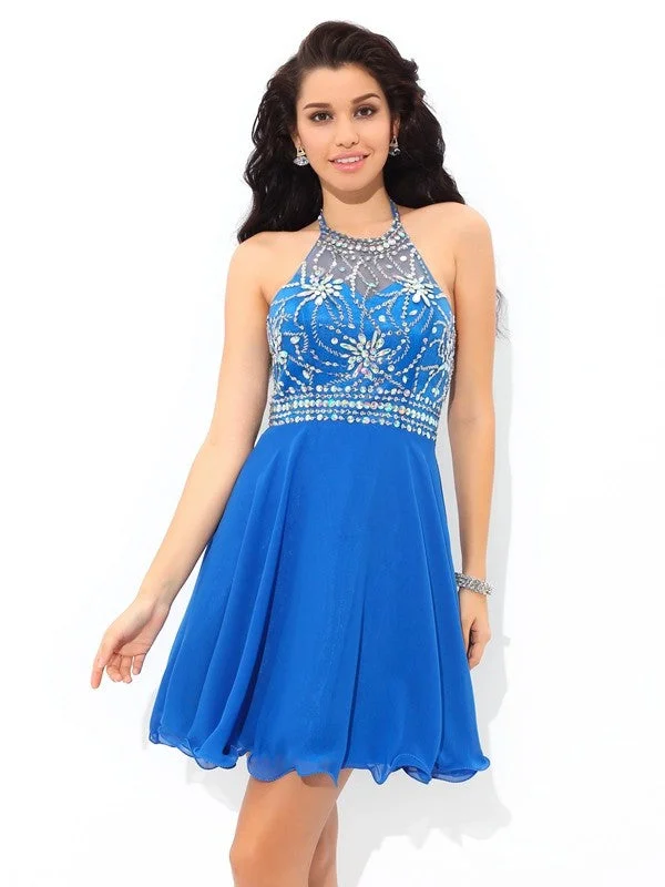 Sleeveless Dress LooseA-Line/Princess Halter Sleeveless Beading Short Chiffon Cocktail Dresses