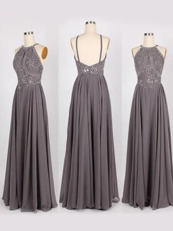 Sleeveless Dress PromA-Line/Princess Halter Sleeveless Floor-Length Beading Chiffon Dresses