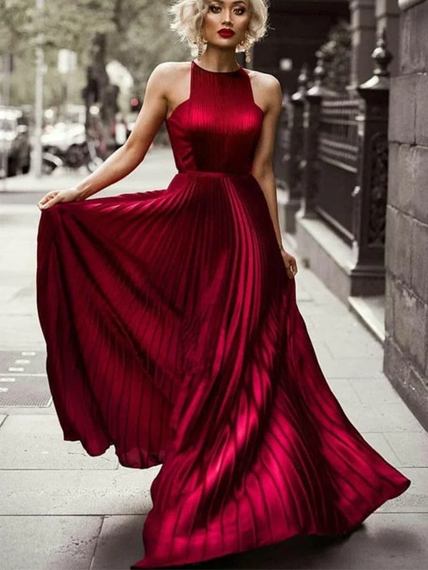 Sleeveless Dress For PartyA-Line/Princess Halter Sleeveless Floor-Length Ruched Silk like Satin Dresses