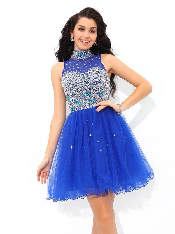 Sleeveless Dress With ZippersA-Line/Princess High Neck Beading Sleeveless Short Net Cocktail Dresses