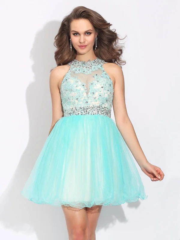 Sleeveless Dress With RufflesA-Line/Princess High Neck Lace Sleeveless Short Net Dresses