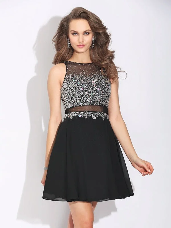 Sleeveless Dress FittedA-Line/Princess Jewel Beading Sleeveless Short Chiffon Dresses