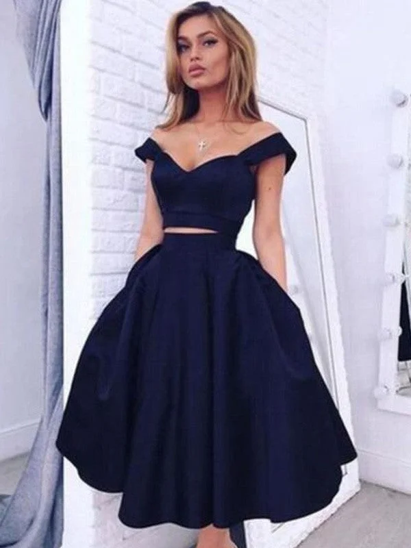 Sleeveless Dress In SilkA-Line/Princess Off-the-Shoulder Sleeveless Tea-Length Satin Two Piece Dresses