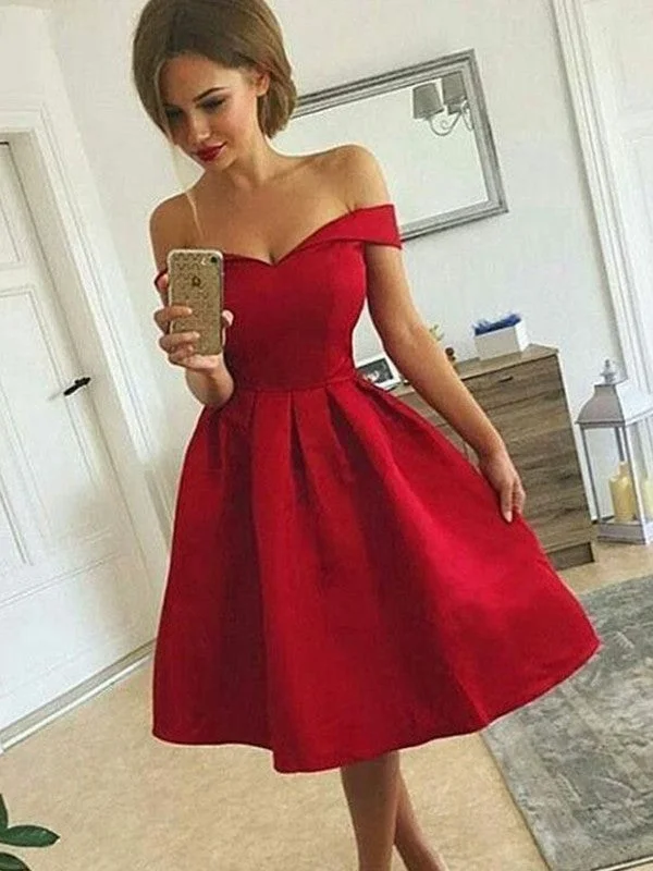 Sleeveless Dress In SilkA-Line/Princess Satin Off-the-Shoulder Sleeveless Ruched Knee-length Dresses