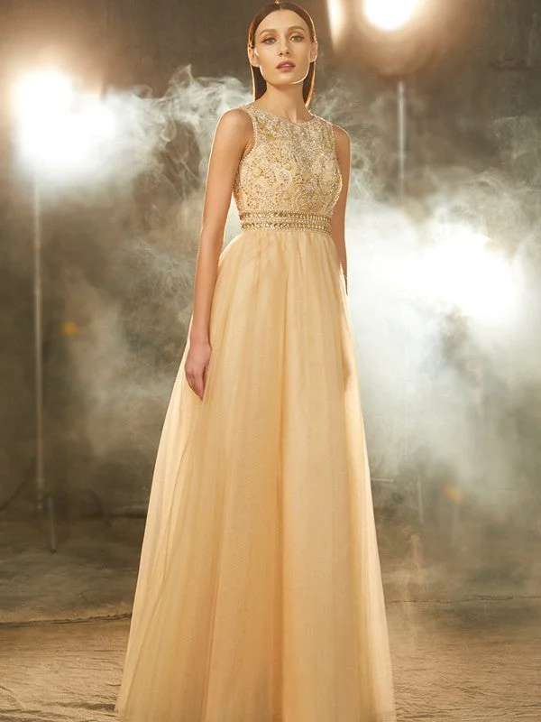 Sleeveless Dress For SummerA-Line/Princess Scoop Beading Sleeveless Floor-Length Tulle Dresses