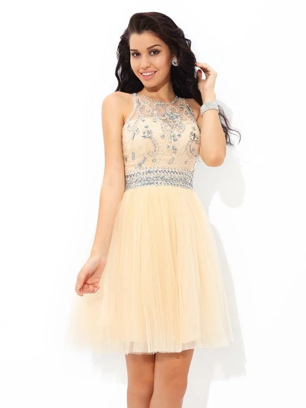 Sleeveless Dress With BeadsA-Line/Princess Sheer Neck Beading Sleeveless Short Net Cocktail Dresses