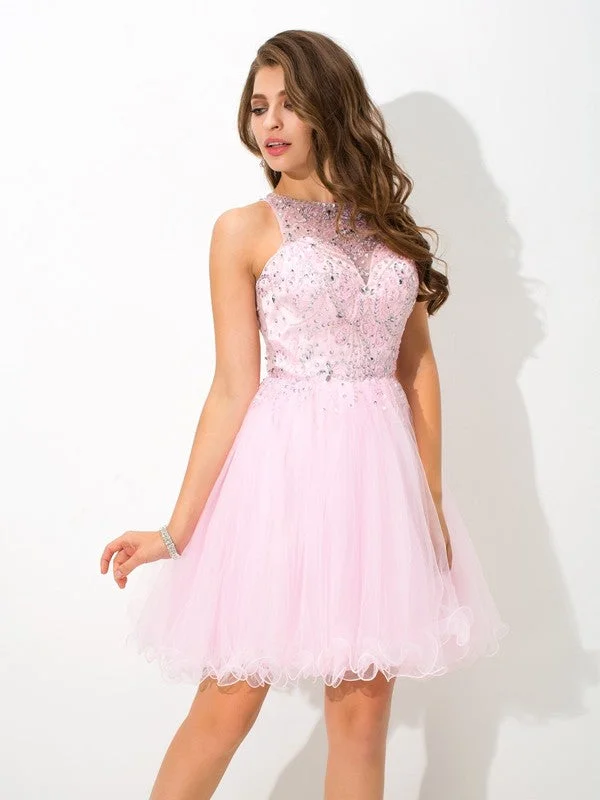 Sleeveless Dress In VelvetA-Line/Princess Sheer Neck Beading Sleeveless Short Net Cocktail Dresses