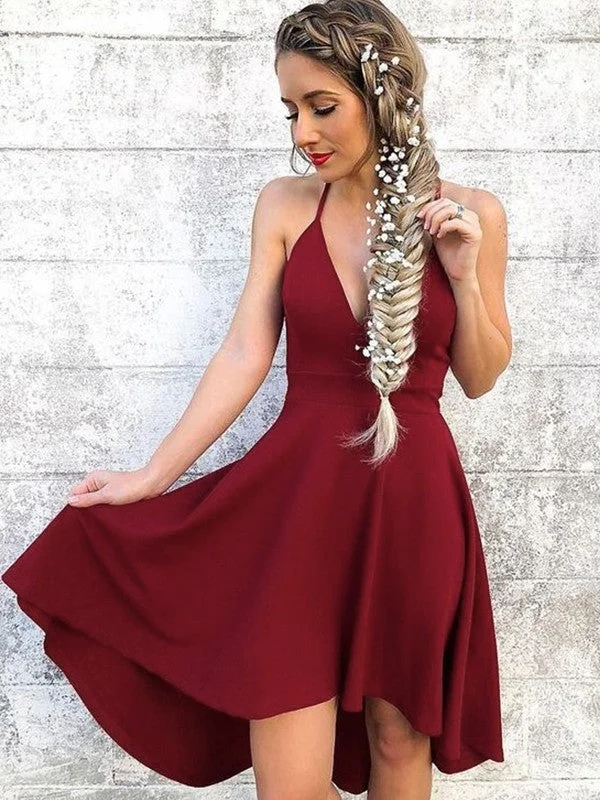 Sleeveless Dress With Button-Up BackA-Line/Princess Sleeveless Halter Stretch Crepe Ruffles Knee-Length Dresses