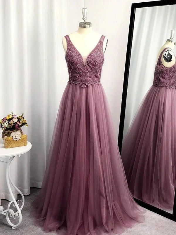 Sleeveless Dress MaxiA-Line/Princess Sleeveless Tulle Floor-Length Applique V-neck Dresses